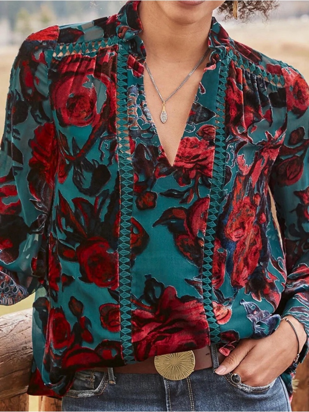 Sundance Floral Velvet Burnout Blouse - Teal & Red